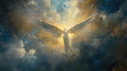 A glowing angel with outstretched wings soars through a dramatic, cloud-filled sky.