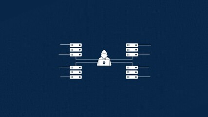 Poster - Icon, programming and hacker crime with cybersecurity, cyberspace and animation. Big data, cloud computing and AI software for internet safety, blue background and future technology abstract graphic