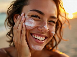 Beautiful woman applying sunscreen on face smiling at beach