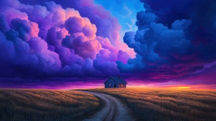 Poster - A dark path winds through a moody landscape, leading to a lone house beneath vibrant sunset clouds.