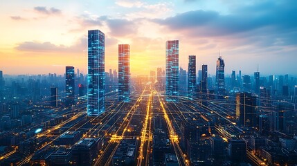 Aerial view of a futuristic metropolis at twilight, with illuminated data lines connecting towering glass buildings and sleek roads. The smart city pulses with energy,