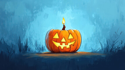 Sticker - A lonely candle flickers within a cracked pumpkin, casting a somber glow in the midst of encroaching darkness.