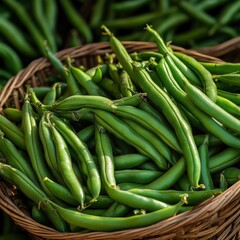 Wall Mural - A close-up of green beans (Phaseolus vulgaris) in a basket, freshly picked and ready for sale