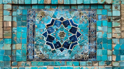 traditional persian mosaic wall with geometric ornaments in square frame with colorful ceramic tiles