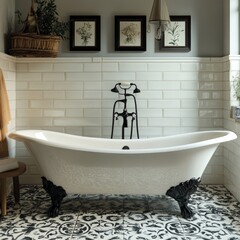 Vintage Clawfoot Tub with Black Faucet and Floral Tile Floor