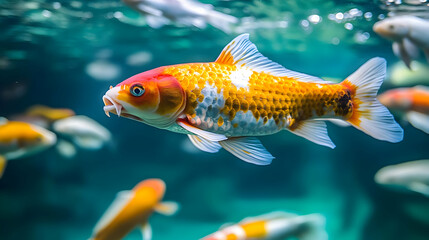 Colorful Koi Fish Swimming in Blue Water