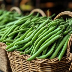 Wall Mural - A close-up of green beans (Phaseolus vulgaris) in a basket, freshly picked and ready for sale