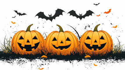 Wall Mural - Smiling Jack O Lantern Pumpkins with Bats on a Grunge Background