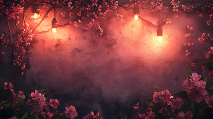 Poster - Pink Cherry Blossoms and String Lights on Rustic Wall