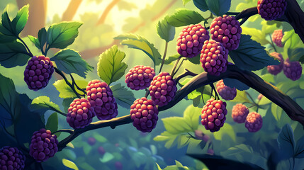 Wall Mural - Ripe Blackberries on Branch with Green Leaves in Sunlight