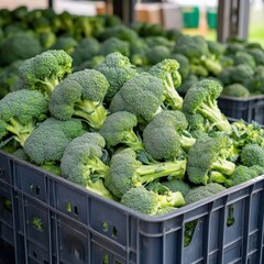 Wall Mural - A crate of fresh broccoli (Brassica oleracea), with bright green florets ready for market sale