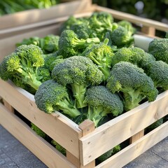 Canvas Print - A crate of fresh broccoli (Brassica oleracea), with bright green florets ready for market sale