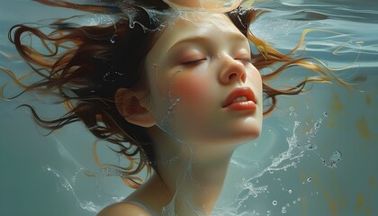 Wall Mural - Ethereal portrait of a serene woman merging with dynamic water elements, embodying tranquility and the fluid nature of subconscious emotions