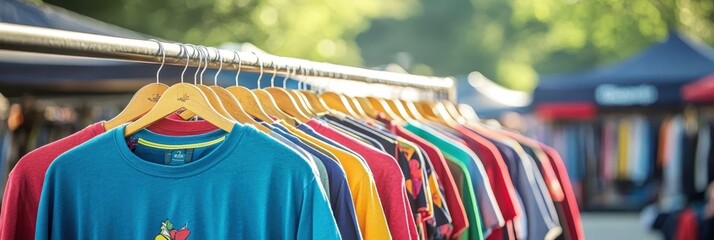 A rack of vibrant and colorful t-shirts on display at an outdoor market, blurred background of sunlight filtering through trees, detailed textures and folds in the fabric, perspective view focusing on