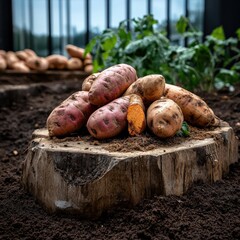 A display of freshly harvested sweet potatoes (Ipomoea batatas), rich in color and nutrients