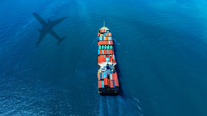 Aerial view of the freight shipping transport system cargo ship container. international transportation Export-import business, logistics, transportation industry concept
