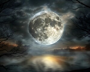 Wall Mural - gothic halloween moon eerie light reflections perfect pastel tone whimsical style