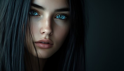 Wall Mural - Close-up portrait of a young woman with long black hair and blue eyes looking at the camera.