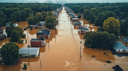 A flooded street with houses in the background