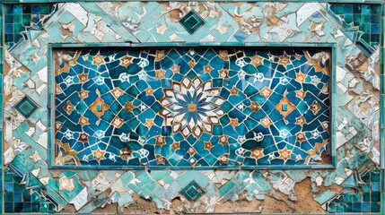 traditional persian mosaic wall with geometric ornaments in square frame with colorful ceramic tiles