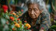 © YURY YUTY - An elderly person tending to vibrant flowers with a focused expression, surrounded by lush greenery.