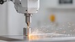 © Preecha - An ultra-sharp close-up of a precision CNC machine cutting a metal part with sparks flying. The background is clean with deep depth of field and ample space for text.