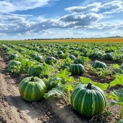 Wall Mural - A field of green pumpkins (Cucurbita maxima), perfect for the fall harvest season and markets