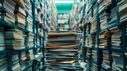 A Narrow Aisle in a Book-Filled Library Stacks