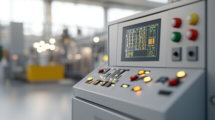 A professional shot of a detailed control panel in a modern power plant, with buttons and screens illuminated. The image features deep depth of field with ample space for text in the background.