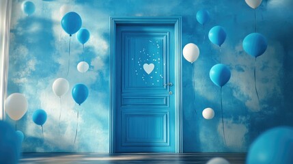 Wall Mural - A blue door with a heart and music notes surrounded by white and blue balloons, against a blue sky background.