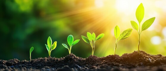 Wall Mural - Growth Stages of Young Plants in Soil with Sunlight in the Background