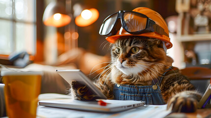 Handsome cat engineer construction worker sitting at the desk and using notebook for work