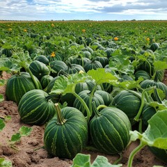 A field of green pumpkins (Cucurbita maxima), perfect for the fall harvest season and markets