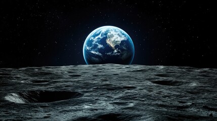 Wall Mural - A view of Earth from the surface of the moon, with craters and a starry sky.