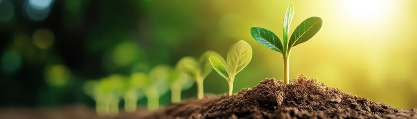 Wall Mural - Young Green Seedlings Growing in Fertile Soil with Sunlight in the Background, Symbolizing Growth and New Beginnings