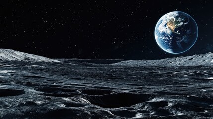 A breathtaking view of Earth from the lunar surface, with a starry night sky and the desolate, cratered landscape of the Moon.