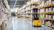 © Preecha - A high-definition photograph of a modern logistics center with rows of shelves and automated forklifts in operation. The image features deep depth of field with space for text at the top of the image.