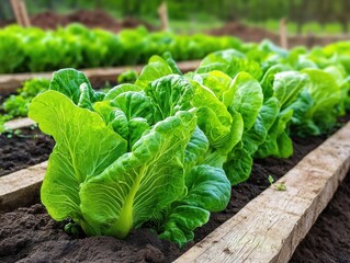 Fresh Green Lettuce Growing in Wooden Raised Beds in a Lush Garden on a Sunny Day