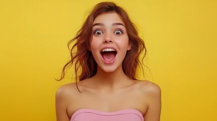 Sticker - Surprised young woman with open mouth and big eyes on yellow background.