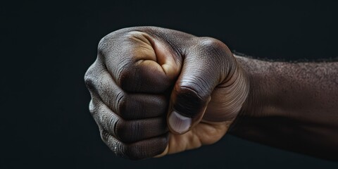 Close-up of a clenched fist, showing the knuckles and wrinkles of the hand, with dark background.