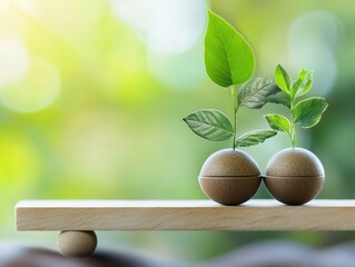 Wall Mural - Balanced Wooden Platform with Two Growing Plants in Spherical Pots Against a Blurred Green Background