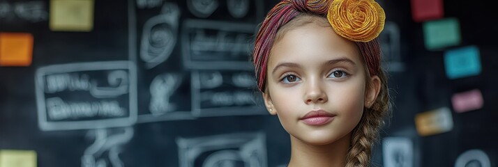 petite blonde girl, hair accessory with red flower, serious facial expression, vibrant background with colorful geometric patterns
