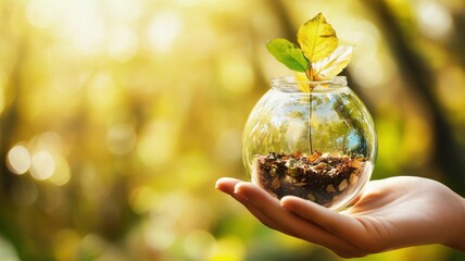 Wall Mural - Hand Holding Glass Globe with Growing Plant in Sunlit Forest, Symbolizing Environmental Conservation and Growth