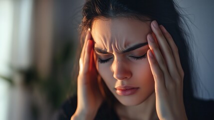 Woman clutching chest showing pain, distress, tension, discomfort. AI generated