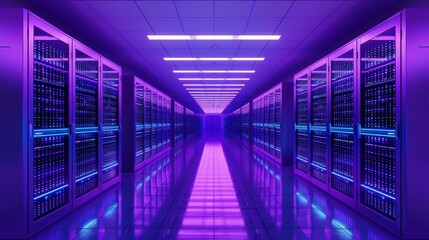 Wall Mural - A Row of Servers in a Data Center with Purple Lighting