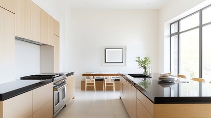 A high-end kitchen with sleek black countertops, modern cabinets, and a large island with seating, set against a neutral background. The image is sharp with deep depth of field and space for text