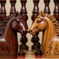 two wooden horses are standing side by side, one of which is a wooden horse.