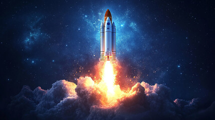 space rocket launches with a burst of flames against the night sky, symbolizing ambition, progress, 