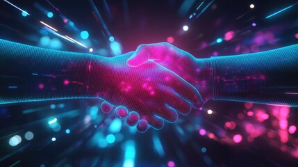 Wall Mural - two glowing hands shaking in a futuristic digital world.