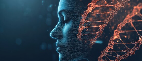 Human face dissolving into a digital DNA matrix, symbolizing the merging of genetic and digital identities, DNA anatomy digital, cybergenetics concept